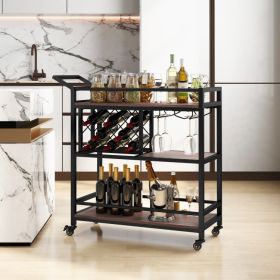 3-tier Bar Cart on Wheels Home Kitchen Serving Cart with Wine Rack and Glasses Holder (Color: Brown)