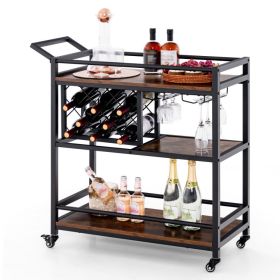 3-tier Bar Cart on Wheels Home Kitchen Serving Cart with Wine Rack and Glasses Holder (Color: Rustic Brown)